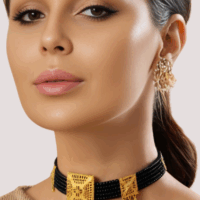 Black Beaded Necklace with Square Pendant Design