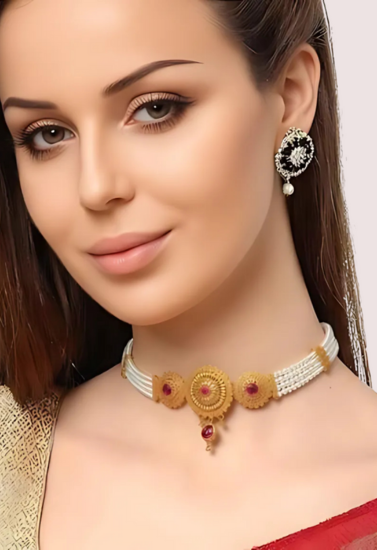 Dropship Royal Ruby Pearl Choker Necklace with Antique Gold Detailing