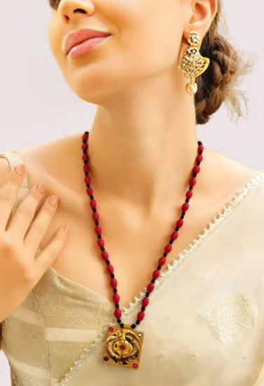 Royal Red Beaded Temple Pendant Necklace