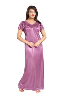 Snazzyway Purple Satin Half Sleeves Full Length Nighty