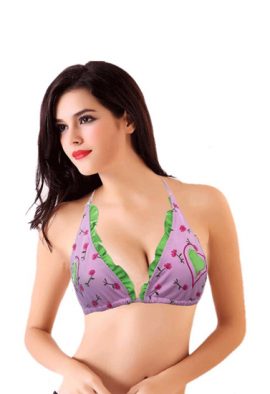 Buy Baby Pink Flower Print Frilled Halter Bikini Top