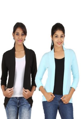 Pack Of 2- Black And Aqua Blue 34 Sleeves Shrug