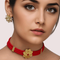 Dropship Red Beaded Necklace with Floral Gold Pendant