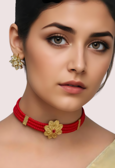 Dropship Red Beaded Necklace with Floral Gold Pendant