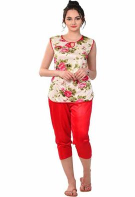 Women Floral Print Red Nightsuit Set