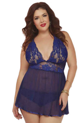 Plus size lace mesh seethrough babydoll nightwear