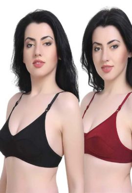 Women's T-Shirt Cotton Hosiery Black & Red Bra ( Pack of 2)