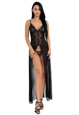 Black sheer lace mesh Slit cut Nightgown