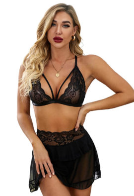 Sexy Black Sheer Lace Strappy Bralette & Underwear Set